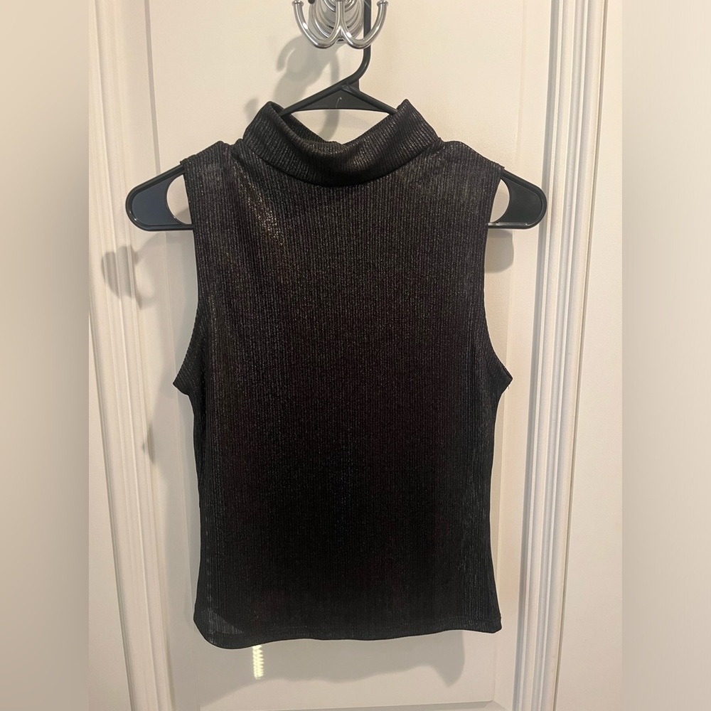 Aqua metallic Rib Knit Mock Neck Top